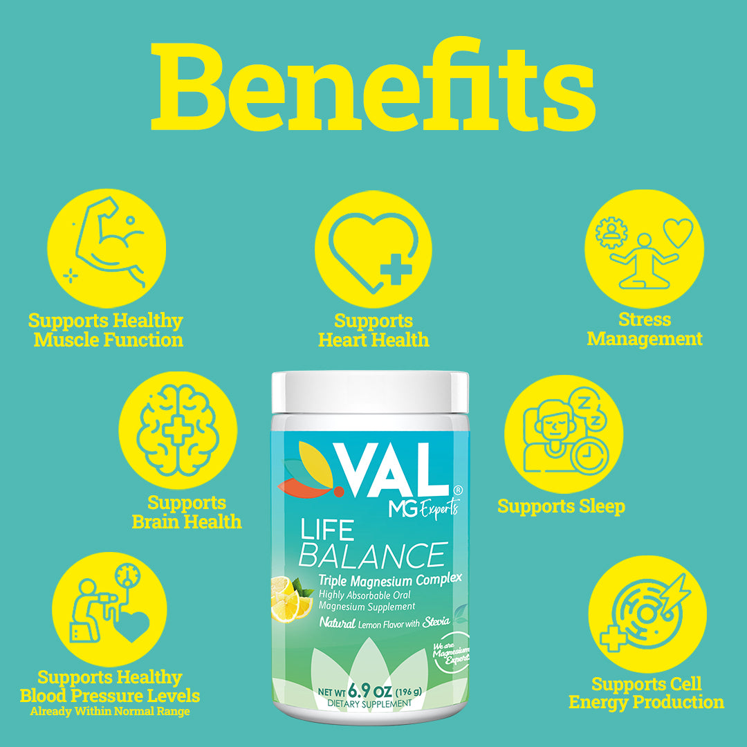 VAL Triple Magnesium Complex Supplement Drink Powder Mix - Stress, Sleep, Migraine, Energy - 60 Servings - Natural Lemon Flavor