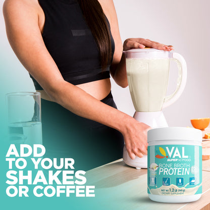 VAL Bone Broth Powder Protein and Collagen Powerhouse: 22g of high-quality protein and 12g of collagen per serving. Enriched with 8g of inulin, Pea Protein, and MCT Oil, Supports Healthy Skin, Gut Health, Joint Supplement, 16 servings - Val Supplements