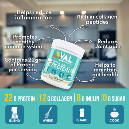 VAL Bone Broth Powder Protein and Collagen Powerhouse: 22g of high-quality protein and 12g of collagen per serving. Enriched with 8g of inulin, Pea Protein, and MCT Oil, Supports Healthy Skin, Gut Health, Joint Supplement, 16 servings - Val Supplements