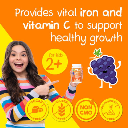 VAL Happy Kids Iron Supplement for Kids, Sugar Free, Fantastic Grape Flavor, Fun-Shaped - 60 Chewable Tablets - Val Supplements