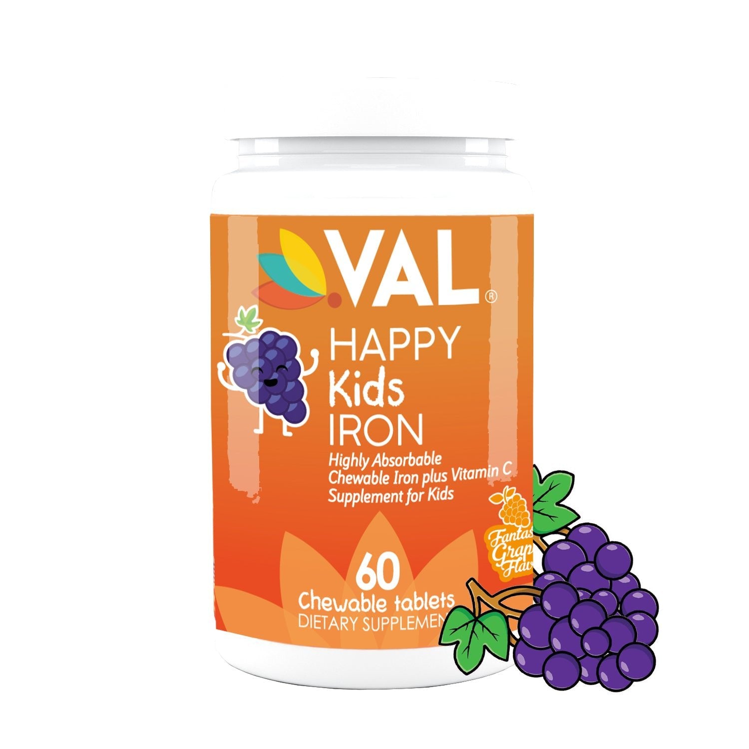 VAL Happy Kids Iron Supplement for Kids, Sugar Free, Fantastic Grape Flavor, Fun-Shaped - 60 Chewable Tablets - Val Supplements