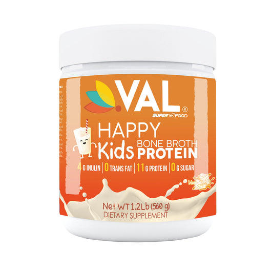 VAL Happy Kids VAL Bone Broth Powder Protein and Collagen Powerhouse: 11g of high-quality protein and 6g of collagen per serving. Enriched with 4g of inulin, Pea Protein, and MCT Oil, Supports Healthy Skin, Gut Health, Joint Supplement, 32 servings - Val Supplements