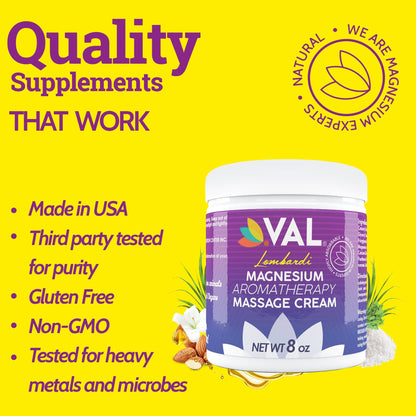 VAL Lombardi Transdermal Magnesium Aromatherapy Massage Cream - Muscle Relaxant Cream, Easy Glide - 8oz - Val Supplements